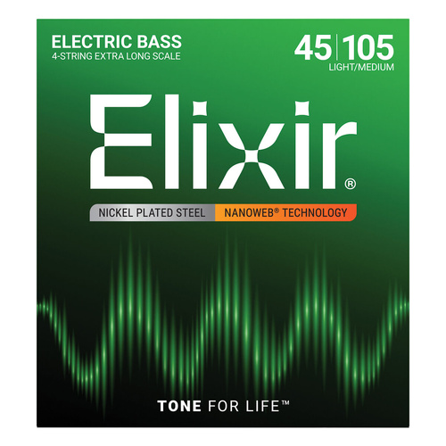 Elixir 14087 Nanoweb Bass Strings Medium Extra Long 45-105 Nickel Plated Steel