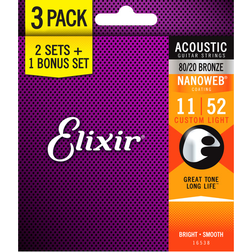 Elixir 16538 Nanoweb 80/20 Custom Light Acoustic Guitar Strings 11-52 3 Pack