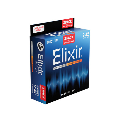 Elixir Nanoweb Electric Guitar Strings 9-42 Super Light 3 Pack E16566