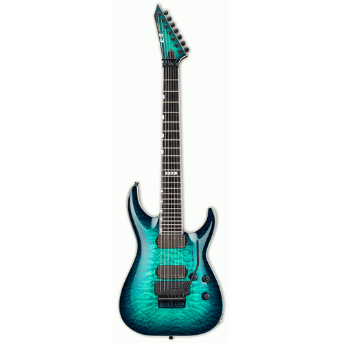 ESP E-II Horizon FR-7 7-String Guitar Black Turquoise Burst with Floyd Rose, Quilted Maple Top, Mahogany Body, Ebony Fingerboard, Hardshell Case