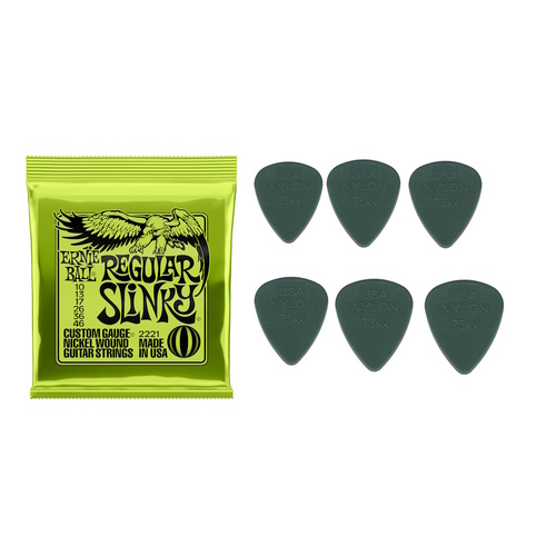 Ernie Ball Regular Slinky + Dunlop .73 Grey Picks x6 Players Pack