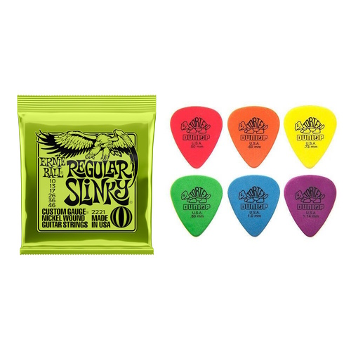 Ernie Ball Regular Slinky + Dunlop Mixed Tortex Picks x6
