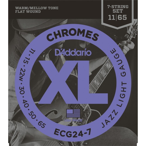 D'Addario ECG24-7 Chromes Flat Wound 7-String Electric Guitar Strings, Jazz Light, 11-65
