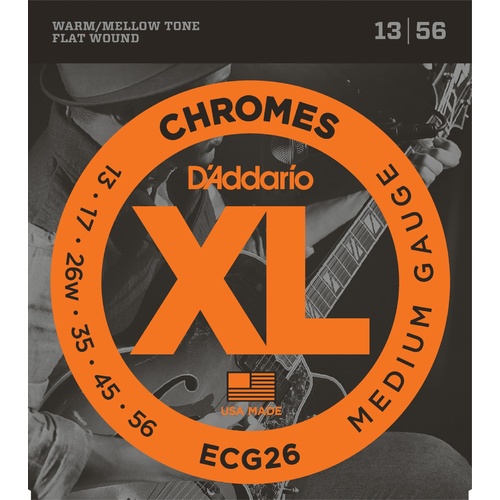 D'Addario ECG26 Chromes Flat Wound Electric Guitar Strings, Medium, 13-56