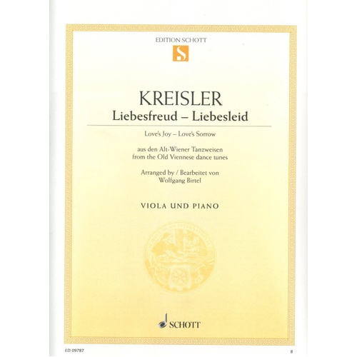Kreisler - Liebesfreud Liebesleid for Viola and Piano, Arranged by Wolfgang Birtel, 22 Pages, Schott Music