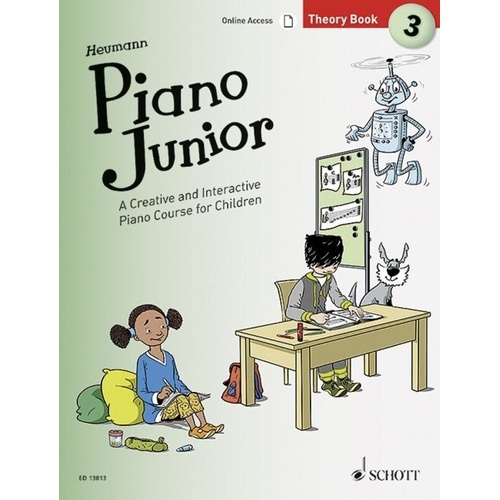 Piano Junior Theory Book 3 by Schott Music, 48 pages, suitable for beginners aged 6 and up, interactive and creative piano course.