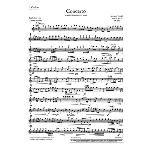 Vivaldi L'Estro Armonico Op 3/6 RV 356 Violin 1 Part - Schott Music, 4 Pages