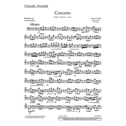 Vivaldi L'Estro Armonico Op 3/6 RV 356 Cello/Double Bass Part - Schott Music