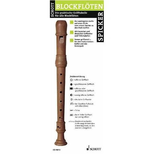 Blockflöten Spicker für Recorder von Schott Music, 8 Seiten, barocke & deutsche Griffweise, praktische Nutzung im Hochformat, langlebiges Papier.