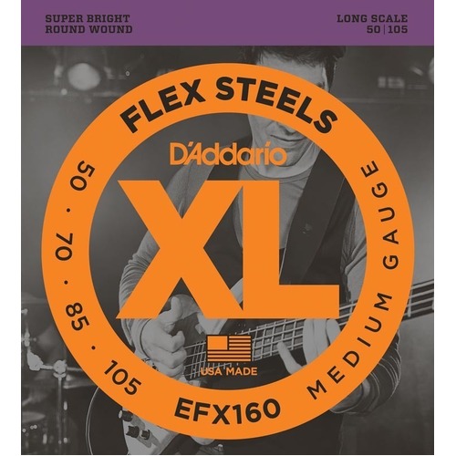 D'Addario EFX160 FlexSteels Bass Guitar Strings, Medium, 50-105, Long Scale
