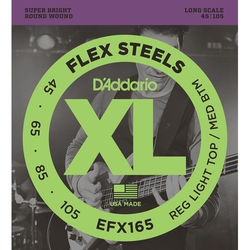 D'Addario EFX165 FlexSteels Bass Guitar Strings, Custom Light, 45-105, Long Scale