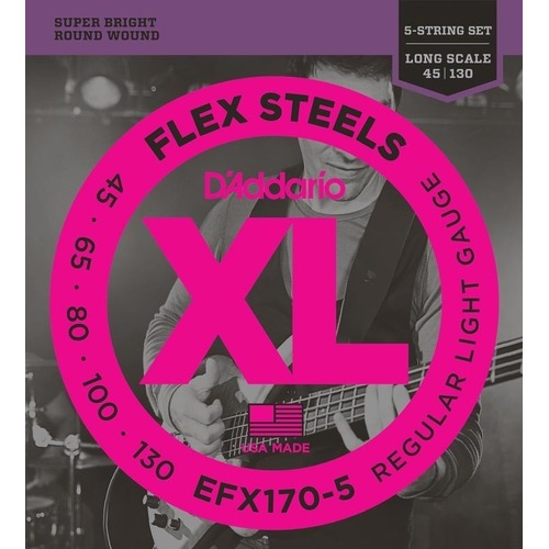 D'Addario EFX170-5 5-String FlexSteels Bass Guitar Strings, Light, 45-130, Long Scale