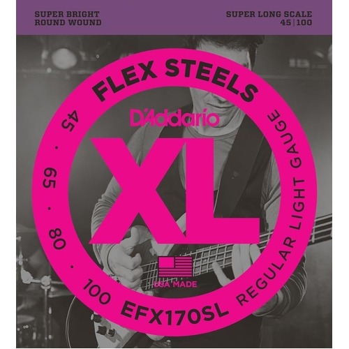 D'Addario EFX170SL FlexSteels Bass Guitar Strings, Light, 45-100, Super Long Scale