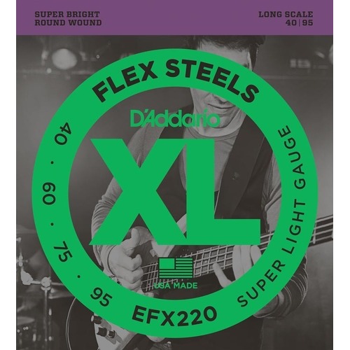 D'Addario EFX220 FlexSteels Bass Guitar Strings, Super Light, 40-95, Long Scale