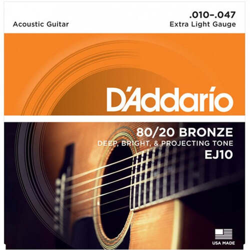 3 Pack of D'Addario EJ10 Acoustic Guitar Strings 80/20 Bronze 10-47 Extra Light