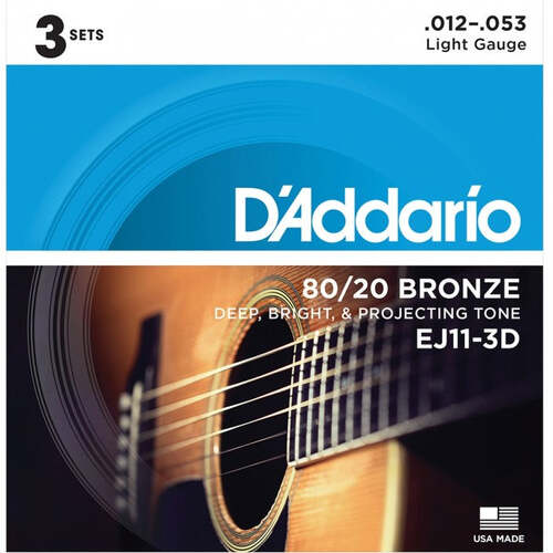 3 Pack of D'Addario EJ11 Acoustic Guitar Strings 80/20 Bronze 12-53 Light