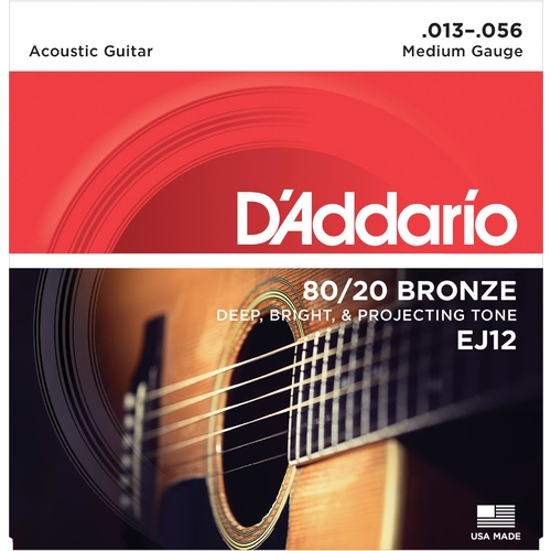 D'Addario EJ12 80-12 Bronze Acoustic Guitar Strings, Medium, 13-56