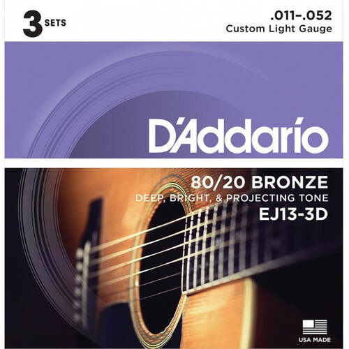 3 Pack of D'Addario EJ13 Acoustic Guitar Strings 80/20 Bronze 11-52 Custom Light