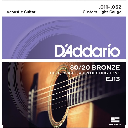 D'Addario EJ13 80-20 Bronze Acoustic Guitar Strings, Custom Light, 11-52