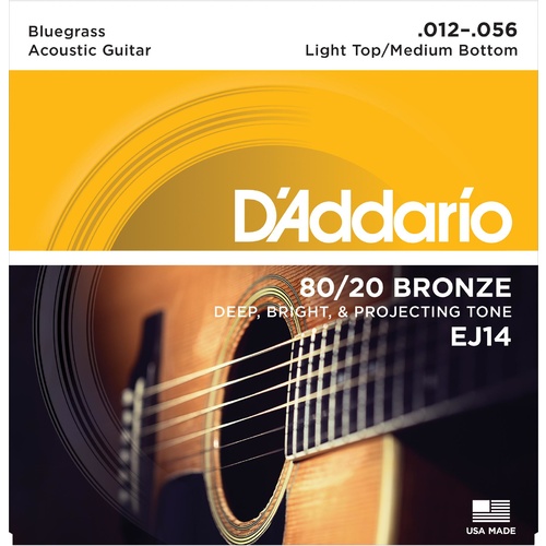 D'Addario EJ14 80-20 Bronze Acoustic Guitar Strings, Light Top-Medium Bottom-Bluegrass, 12-56