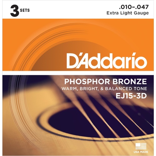 D'Addario EJ15-3D Phosphor Bronze Acoustic Guitar Strings, Extra Light, 3 Sets