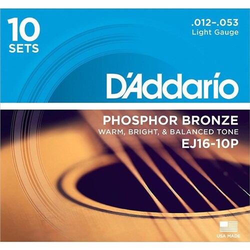 D'Addario EJ16-10P Phosphor Bronze Acoustic Guitar Strings, Light, 12-53, 10 Sets, Quick Ship Box