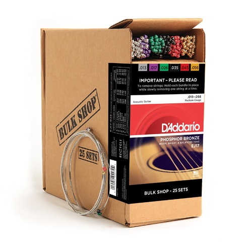 D'Addario EJ17-B25 Phosphor Bronze Acoustic Guitar Strings, Medium, 13-56, 25 Bulk Sets