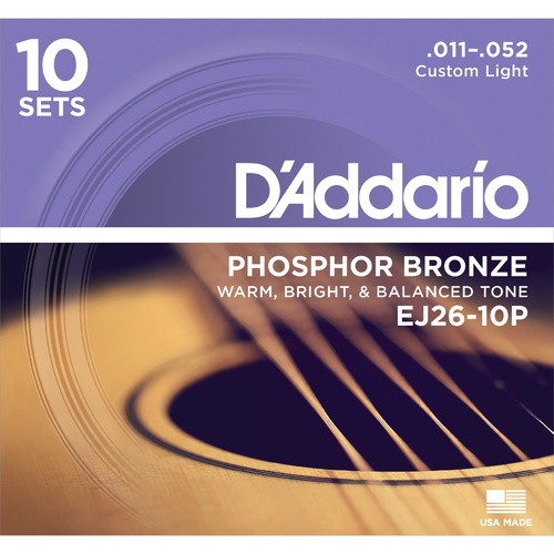 D'Addario EJ26-10P Phosphor Bronze Acoustic Guitar Strings, Custom Light, 11-52, 10 Sets
