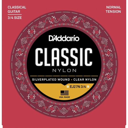 D'Addario EJ27N 3-4 Student Nylon Fractional Classical Guitar Strings, Normal Tension
