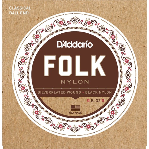 D'Addario EJ32 Folk Nylon Guitar Strings, Ball End, Silver Wound-Black Nylon Trebles