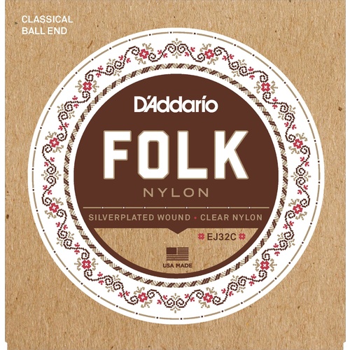 D'Addario EJ32C Folk Nylon Guitar Strings, Ball End, Silver Wound-Clear Nylon Trebles