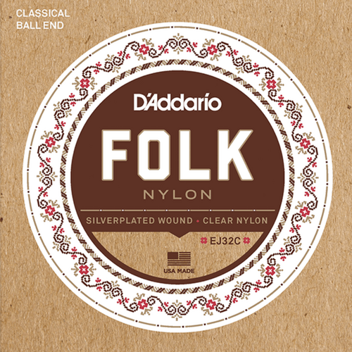 D'Addario Folk Nylon Acoustic Guitar Strings Set with Ball Ends, 6 Strings, Silver-Wound Bass, Clear Nylon Trebles