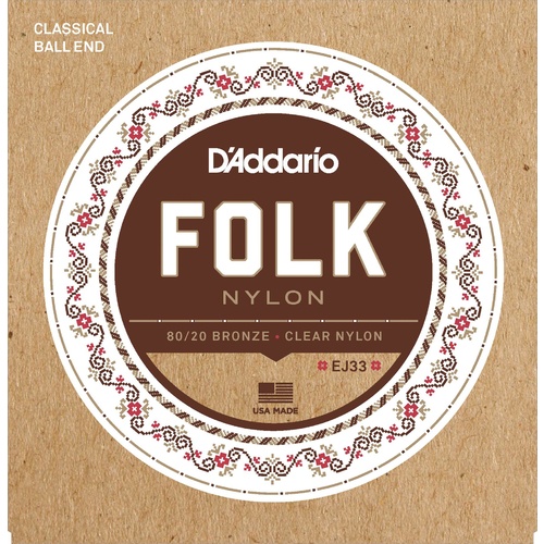 D'Addario EJ33 Folk Nylon Guitar Strings, Ball End, 80-20 Bronze-Clear Nylon Trebles