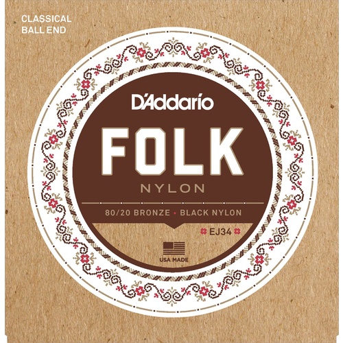 D'Addario EJ34 Folk Nylon Guitar Strings, Ball End, 80-20 Bronze-Black Nylon Trebles