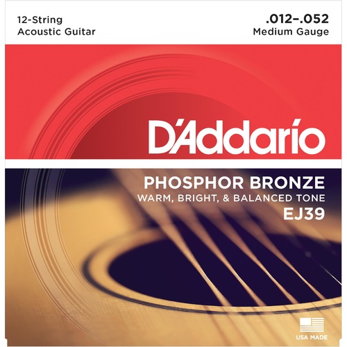 D'Addario EJ39 12-String Phosphor Bronze Acoustic Strings, Medium, 12-52