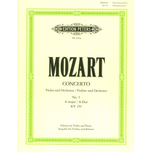 Mozart - Concerto No. 5 in A K. 219 for Violin and Piano, Edition Peters