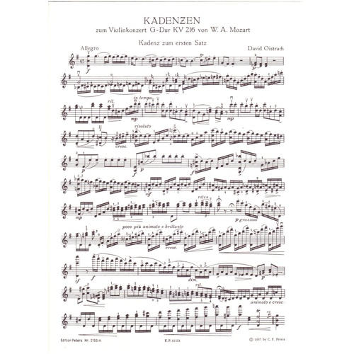 Mozart Concerto No. 3 in G Major K. 216 for Violin/Piano Edition Oistrakh