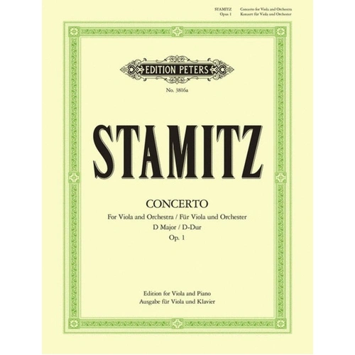 Stamitz Concerto in D Major Op. 1 for Viola and Piano, Edition Peters