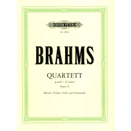 Brahms Piano Quartet No. 1 Op. 25 in G Minor for Piano, Violin, Viola, Cello - Edition Peters