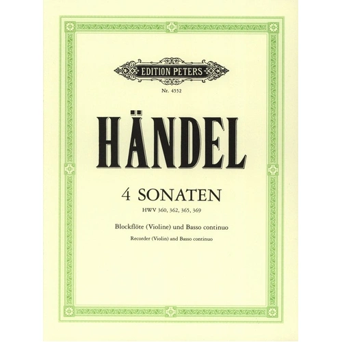 Handel - 4 Sonatas for Treble Recorder and Piano, Edition Peters