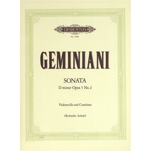 Geminiani Sonata in D Minor Op. 5 No. 2 for Cello and Piano, Edition Peters
