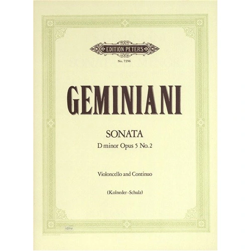 Geminiani Sonata in D Minor Op. 5 No. 2 for Cello and Piano, Edition Peters, Edited by Walter Kolneder, 1 Page