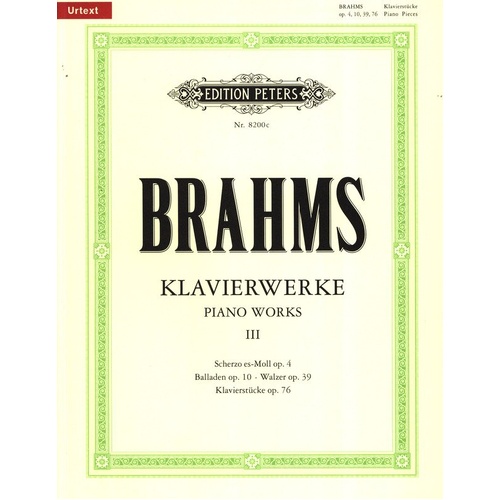 Piano Works Vol. 3 Collected Shorter Pieces Urtext by Johannes Brahms - Edition Peters - Piano Solo - 1 Page