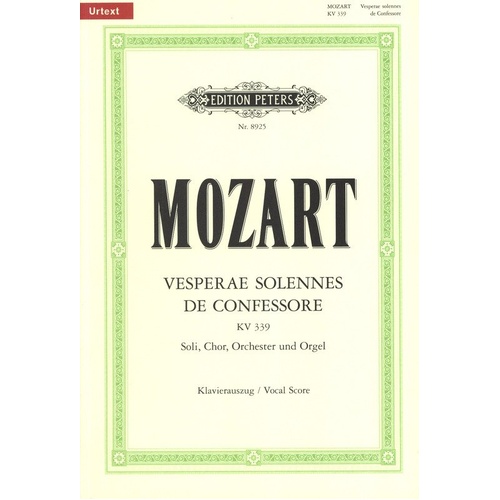 Mozart Vesperae Solennes de Confessore K 339 Vocal Score - 104 Pages, Edition Peters