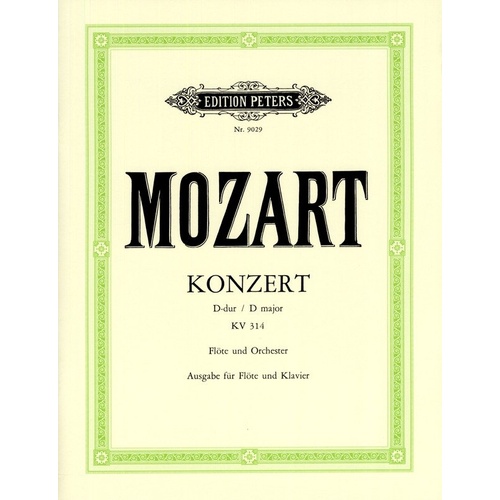 Mozart Concerto No. 2 in D K 314 for Flute and Piano, Urtext Edition by Erich List, Published by Edition Peters