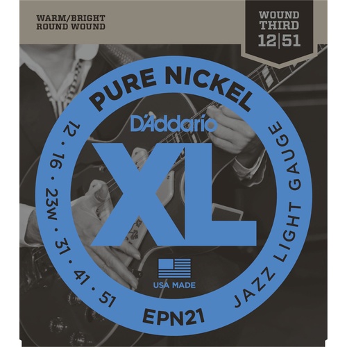 D'Addario EPN21 Pure Nickel Electric Guitar Strings, Jazz Light, 12-52