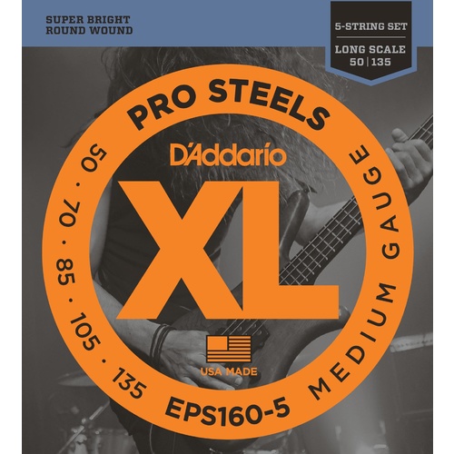 D'Addario EPS160-5 5-String ProSteels Bass Guitar Strings, Medium, 50-135, Long Scale