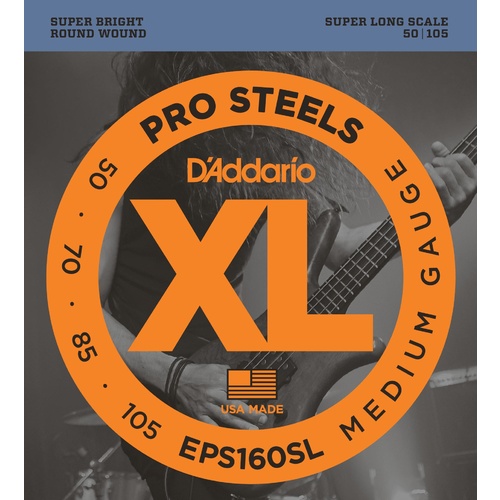 D'Addario EPS160SL ProSteels Bass Guitar Strings, Medium, 50-105, Super Long Scale