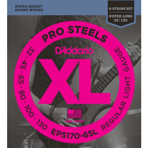 D'Addario EPS170-6SL 6-String ProSteels Bass Guitar Strings, Light, 30-130, Super Long Scale