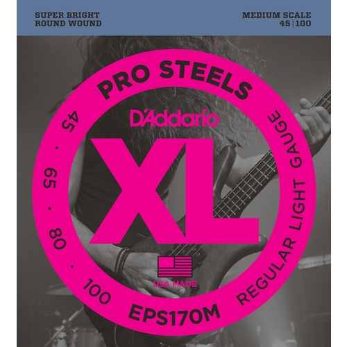 D'Addario EPS170M ProSteels Bass Guitar Strings, Light, 45-100, Medium Scale